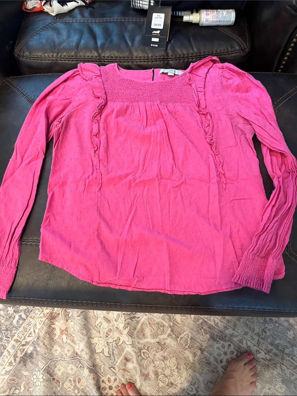 LOFT Hot Pink Long-Sleeve Ruffle & Smocked Yoke Blouse
